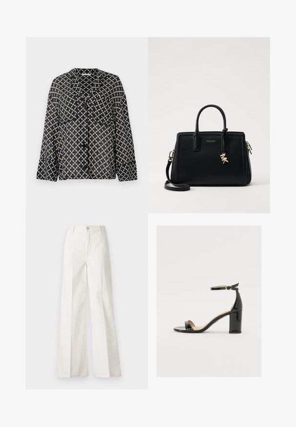 Cămașă în colorit alb-negru cu model, cu guler, buzunare frontale și nasturi. Prezintă un design geometric în cruce pe un material ușor.; Pantaloni albi cu picioare largi, confecționați din bumbac cu o textură fină. Prezintă un buton în față, fermoar și un design cu patru buzunare.; Sandal cu toc lat din piele lacuită neagră, cu vârf deschis și curea pentru gleznă, având o cataramă aurie. Textură netedă și design elegant.; Geantă de mână din piele neagră cu un design structurat, mânere superioare duble, curea de umăr detasabilă, accesorii din aur și un pandantiv cu logo.