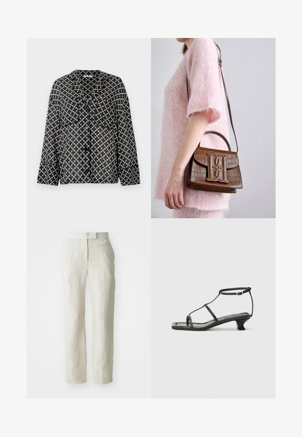 Black and white patterned shirt with a collar, front pockets, and buttons. Features a geometric crosshatch design on lightweight fabric.; White linen trousers with a tailored fit, featuring a flat front and straight legs. Smooth texture with slight creasing detail.; Black leather sandal with a square toe, thin straps, adjustable ankle strap, and a low heel. Features a small gold accent on the strap.; Brown crocodile-embossed handbag with a top handle and shoulder strap. Features a prominent logo on the front flap. Soft texture.