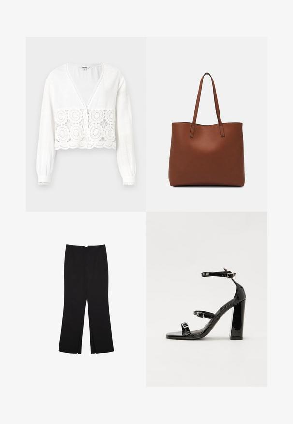 White cropped blouse featuring long sleeves, a V-neckline, and a lace floral design at the hem, with scalloped edges and button detailing.; Black trousers with a straight fit, featuring front pockets and side slits at the hem. Made of soft, smooth fabric. Suitable for various occasions.; Black patent heeled sandals with a square toe, ankle straps, and silver buckles. Features a chunky block heel for stability.; Brown leather tote bag with a smooth texture, open top design, and two shoulder straps. Features minimal stitching and no visible hardware.