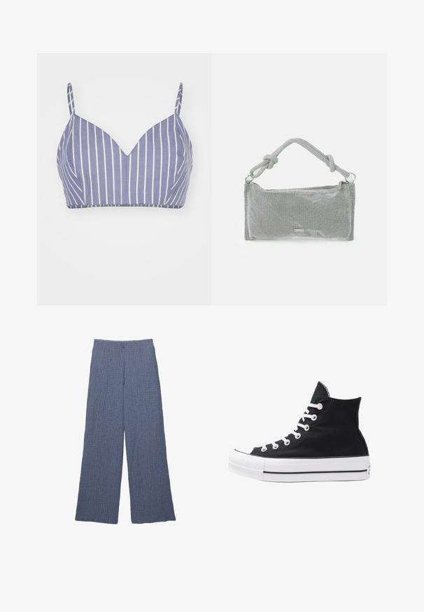 Bralet z svetlofialovej bavlny s vertikálnymi bielymi pruhmi, s výstrihom do V a tenkými nastaviteľnými ramienkami. Hladká textúra, priliehavý strih.; Modré textúrované široké nohavice s rebrovaným dizajnom, disponujúce vysokým pásom a voľným strihom, vhodné na každodenné nosenie.; Čierne plátkové tenisky v štýle high-top s bielymi očkami, šnúrkami a gumovou podrážkou. Obsahujú textúrovanú špičku a čierno-biele pruhy.; Strieborná sieťová kabelka s uzlovou rukoväťou, obdĺžnikový tvar, textúrovaný povrch a zipsové uzavretie. Jednoduchý, moderný dizajn s minimálnymi akcentmi.