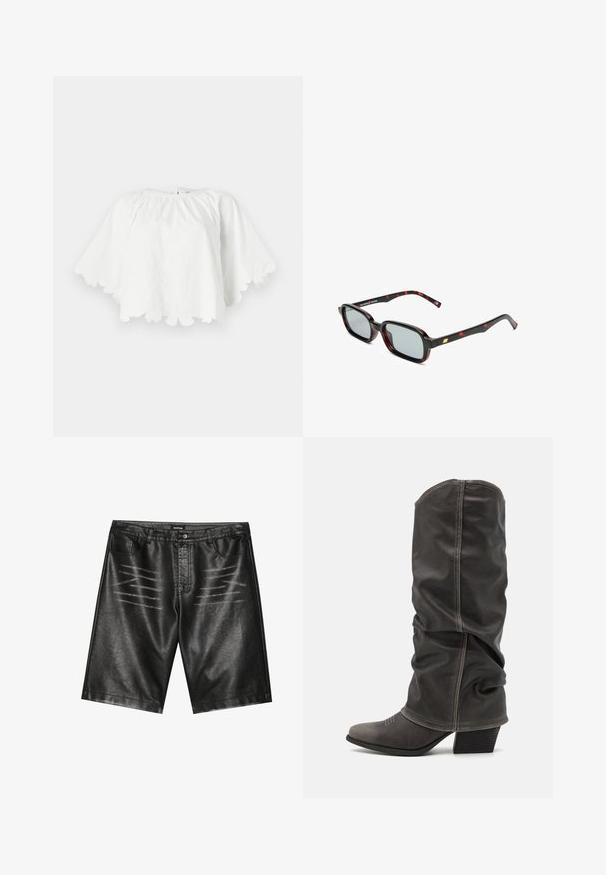 Haut en coton blanc avec un décolleté rond et des manches courtes évasées. L'ourlet festonné présente une broderie florale, créant un design texturé.; Shorts en simili cuir noir avec une texture lisse, cinq poches et de discrets détails rayés à l'avant. Design classique à coupe droite.; Bottines en cuir gris hauteur mollet avec un design décontracté, bout pointu et talon empilé. Détails de couture remarquables sur la zone des orteils.; Lunettes de soleil avec des montures rectangulaires noires et rouges, des verres gris et un accent doré sur la branche. Le design est élégant et moderne.; Sac à main en motif serpent avec une poignée incurvée. Fabriqué à partir de matériaux texturés beiges et bruns, présentant un motif en diamant distinctif.