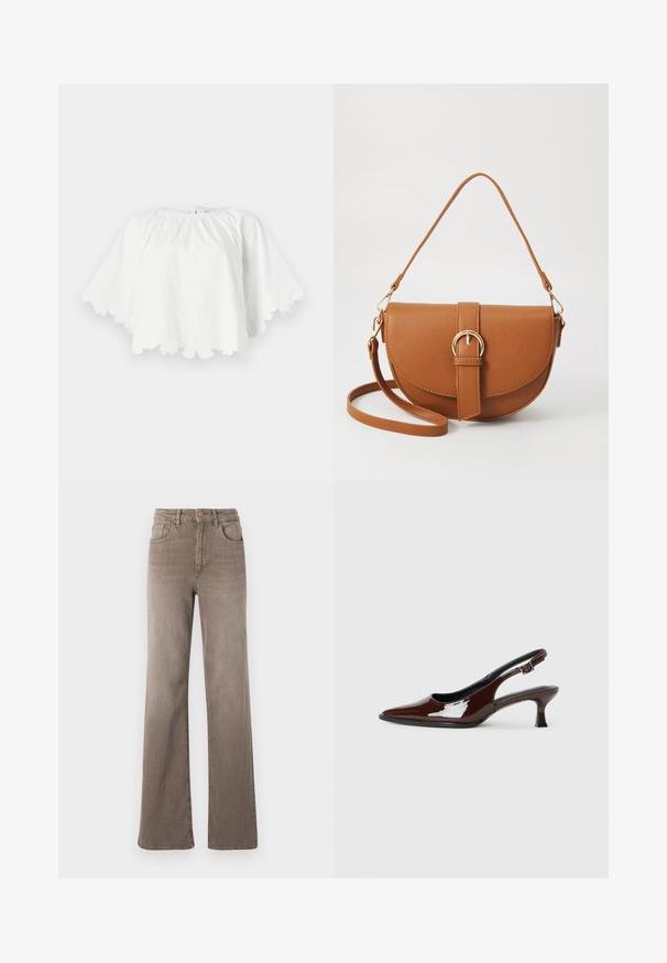 Biela bavlnená blúzka s okrúhlym výstrihom a krátkymi, rozšírenými rukávmi. Dno s vlnitým okrajom je zdobené kvetinovou výšivkou, čo vytvára textúrovaný dizajn.; Hnedé high-waist rovné džínsy so zapínaním na prednej strane, pútkami na opasok a klasickým dizajnom s piatimi vreckami na bielom pozadí.; Hnedá lakovaná slingback obuv s špicatou špičkou a mierne vysokým opätkom. Obsahuje pracku pre bezpečné upevnenie. Hladká textúra.; Hnedá kožená kabelka cez telo s zakriveným tvarom, zlatými kovovými doplnkami a akcentom s prackou. Obsahuje odnímateľný ramenný popruh.