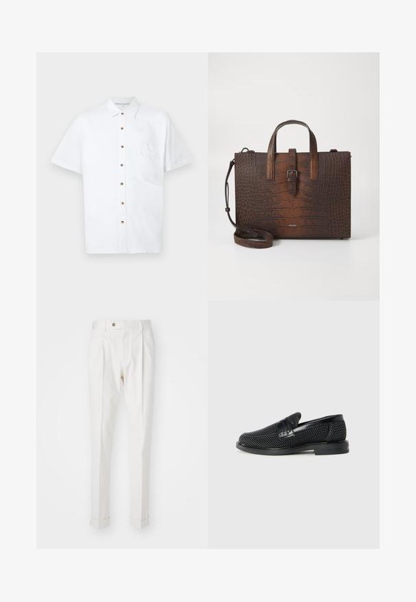 Cămașă albă cu mânecă scurtă din in, având închidere cu nasturi pe față, un buzunar pe piept și nasturi din lemn pentru accente.; Pantaloni albi, croiți pe măsură, cu un front plat, două plii și manșete rulate. Realizați dintr-un material neted, cu închidere cu nasture la talie.; Pantofii negri din material textil, cu accent din piele netedă pe partea superioară, design cu vârf rotund și talpă din cauciuc de profil redus.; Geantă din piele cu embosare în formă de crocodil, maro, cu mânere superioare și un curea de umăr detașabilă. Dispune de o închidere cu cataramă și o formă rectangulară.
