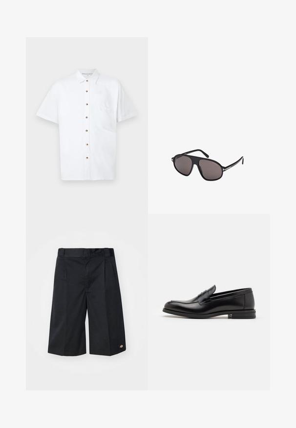 Bijela košulja kratkih rukava od teškog platna, s gumbima sprijeda, džepom na prsima i drvenim gumbima kao ukrasima.; Crne kratke hlače s krojem po mjeri, s ravnim prednjim fishtovima, standardnim pojasom i bočnim džepovima. Izrađene od čvrstog materijala.; Crni kožni mokasini s glatkom teksturom, zaobljenim prstima i ukrasnom trakom preko prednjeg dijela. Niski slojeviti potplat, minimalistički dizajn.; Crne sunčane naočale s tamnim lećama, elegantnog aviator oblika i metalnim detaljima. Okviri imaju mat završnu obradu i suptilan branding.