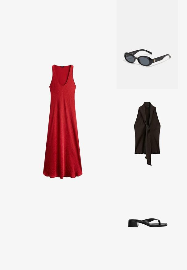 Garnitura marrone, leggera, con una apertura frontale e dettagli a nodo al centro. Realizzata in un tessuto testurizzato, presenta una forma fluida e drappeggiata.; Abito rosso senza maniche con una profonda scollatura a V, realizzato in tessuto testurizzato. Fluisce delicatamente dalla vita, creando una silhouette rilassata.; Le sandali con tacco in pelle nera presentano un design a fascia, punta quadrata e un tacco basso a blocco. Texture liscia con uno stile minimalista.; Occhiali da sole ovali neri con lenti scure, montatura in plastica lucida, aste larghe e un piccolo accent in oro su un lato.; Clutch bag in pelle intrecciata nera con forma rettangolare, dotata di una maniglia sottile e discreti dettagli in oro.; Collana in corda nera con perle grigie e bianche texturizzate, dotata di un grande pendente in frangia nera nella parte inferiore. Lunghezza regolabile.