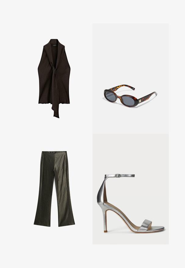 Garnitura marrone, leggera, con una apertura frontale e dettagli a nodo al centro. Realizzata in un tessuto testurizzato, presenta una forma fluida e drappeggiata.; Pantaloni svasati di un verde scuro realizzati in un tessuto lucido, con una texture liscia e una chiusura con zip sul retro.; Sandal con tacco alto argento, dotato di una sottile fascetta per le dita, cinturino alla caviglia con chiusura a fibbia, design elegante e texture metallica liscia.; Occhiali da sole tartaruga marrone con lenti ovali e tonalità grigio scuro. Presentano un accento in tono oro sulle astine. Texture in plastica liscia.; Bracciale in argento con numerosi cristalli trasparenti a taglio rotondo e quadrato disposti in un motivo simmetrico, dotato di chiusura a scatto.