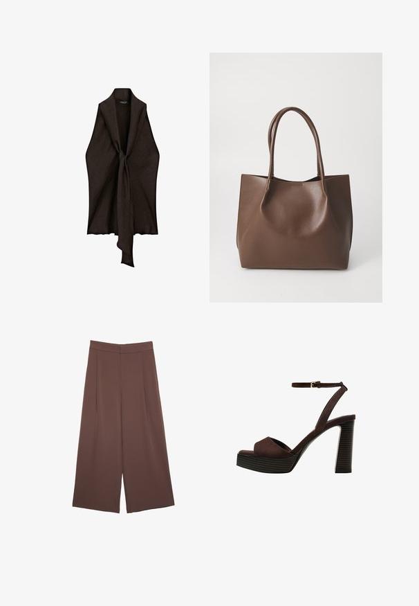 Brun, letvægtsbeklædning med åben front og knudedetalje i midten. Lavet af tekstureret stof, har den en flydende, draperet form.; Brune bredbunde bukser med en glat tekstur, der har høj talje og plisseringer foran. Stoffet er let og falder løst.; Brune ruskinds højhælede sandal med åben tå, justerbar ankelrem og en stribet plade sål.; Brun læder tote taske med to lange håndtag, struktureret form, glat tekstur og minimalistisk design. Ingen synligt hardware eller accenter.