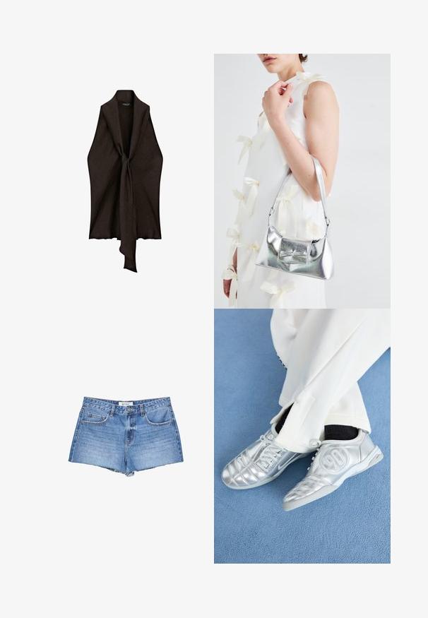 Bruine, lichte kleding met een open voorkant en knoopdetail in het midden. Gemaakt van textuurstof, heeft het een vloeiende, gedrapeerde vorm.; Leren denim shorts in lichte blauwe was, met een franjeszoom, klassiek vijf-pocket ontwerp en een knoopsluiting aan de voorkant.; Zilveren sportschoenen met een gladde, glanzende afwerking, voorzien van een gestikt ontwerp en het nummer 90 aan de zijkant, gecombineerd met witte broek.; Zilveren metallic handtas met een gestructureerde vorm, voorzien van een bovenhandvat en een strikdetail aan de voorkant. Gladde textuur, reflecterende afwerking.