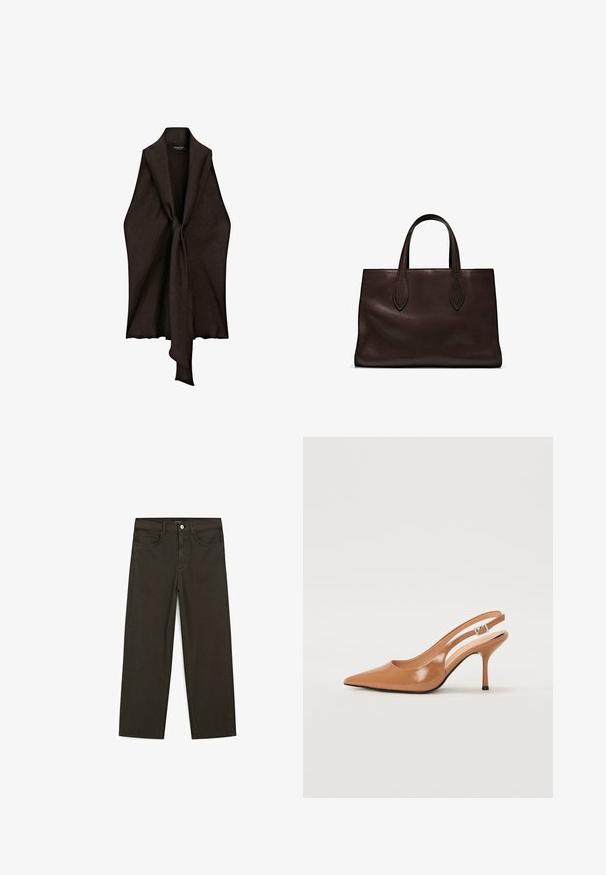 Brown, lightweight garment with an open front and knot detail at the center. Made from textured fabric, it has a flowing, draped shape.; Dark green wide-leg jeans made of cotton blend, featuring a front button closure, five pockets, and classic denim stitching.; Pointed toe slingback heel in a smooth, glossy tan material. Features a curved cutout design and a slender stiletto heel. Silver buckle detail.; Brown leather tote bag with two elongated handles, structured rectangular shape, smooth texture, and subtle stitching details.