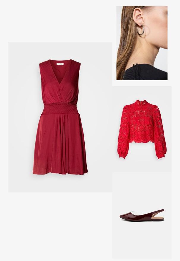 Czerwony koronkowy top na krótki rękaw z długimi puff sleeves, misternym heksagonalnym wzorem, falbaniastym dołem i wysoką szyją z zapięciem na zamek z tyłu.; Czerwona sukienka bez rękawów z głębokim dekoltem w kształcie litery V, marszczonym paskiem w talii i zwiewnym dołem. Miękka, lekka tkanina o subtelnej fakturze.; Burgundowe lakierowane baleriny typu slingback z ostrym noskiem, przezroczystym wycięciem i czarną płaską podeszwą. Gładka tekstura, minimalistyczny design.; Srebrna metaliczna kopertówka o kształcie kątowym, gładka w dotyku, z kontrastowym kolorem wewnątrz, trzymana w ręce noszącej czarny płaszcz.; Srebrny kolczyk w kształcie koła z polerowanym wykończeniem, z małymi złotymi akcentami, noszony na płatku ucha.
