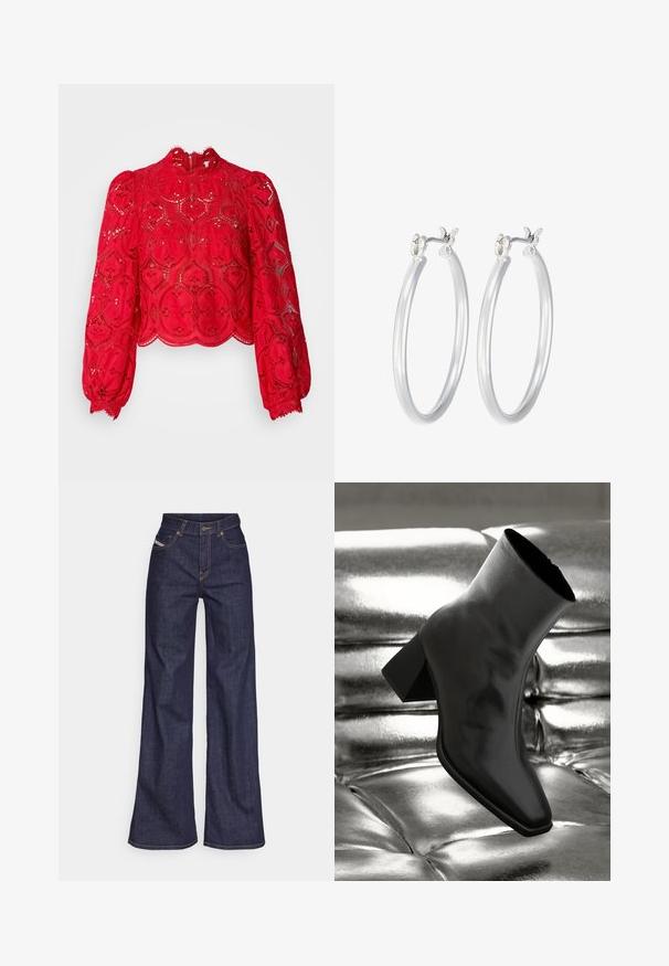 Top corto de encaje rojo con mangas largas abullonadas, patrón hexagonal intrincado, dobladillo con forma de ondulación y cuello alto que cuenta con un cierre de cremallera en la parte posterior.; Vaqueros de pierna ancha de color azul oscuro, fabricados en denim, con cintura alta, costuras naranjas, diseño de cinco bolsillos y cierre de botón.; Botín negro de tobillo hecho de material brillante, con punta cuadrada y tacón cónico, contra un fondo plateado brillante con almohadillado.; Pendientes de aro de plata con un acabado liso y pulido. Forma redonda y cierre de click seguro. Diseño ligero adecuado para el uso diario.
