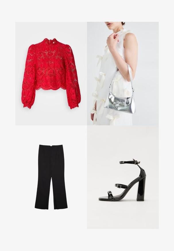 Rotes Spitzen-Crop-Top mit langen Puffärmeln, kompliziertem hexagonalem Muster, gewelltem Saum und hohem Kragen, der mit einem Reißverschluss hinten geschlossen wird.; Schwarze Hose mit geradem Schnitt, ausgestattet mit Fronttaschen und Seitenschlitzen am Saum. Hergestellt aus weichem, glattem Stoff. Geeignet für verschiedene Anlässe.; Schwarze patentierte Sandalen mit Absatz, quadratischer Spitze, Knöchelriemen und silbernen Schnallen. Mit einem stabilen Blockabsatz für mehr Stabilität.; Silberne metallische Handtasche mit strukturierter Form, ausgestattet mit einem oberen Griff und einer Schleifenapplikation auf der Vorderseite. Glatte Textur, reflektierendes Finish.