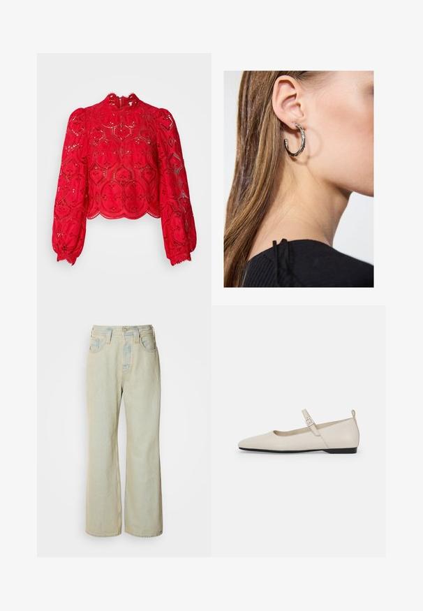 Raudonas nėriniuotas trumpas viršus su ilgomis pūkuotomis rankovėmis, sudėtinga šešiakampio raštas, banguotas apatinis kraštas ir aukšta iškirpė, turinti užtrauktuką gale.; Šviesiai mėlynos plataus kirpimo džinsai, pagaminti iš džinsinio audinio, su aukštu liemeniu, penkiomis kišenėmis ir subtiliu blukimu su kontrastingomis siūlėmis.; Balti odiniai Mary Jane batai su smailiu priekiu, šoniniu užsegimu ir žemu juodu kulniuku. Sklandus paviršius ir minimalistinis dizainas.; Sidabrinė lankinė auskarai su poliruotu paviršiumi, turintys mažus auksinius akcentus ir apvalią formą, dėvimi ant ausies kaušelio.