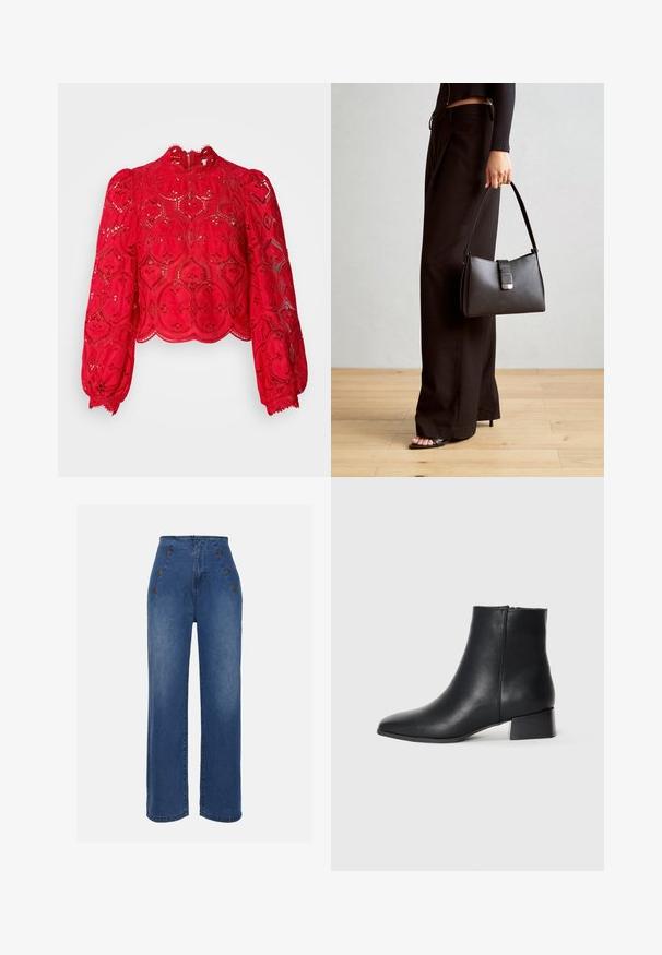 Red lace crop top with long puff sleeves, intricate hexagonal pattern, scalloped hem, and high neckline featuring a back zipper closure.; High-waisted denim jeans in medium blue. Features front button accents and wide-leg design. Fabric has a smooth texture with slight fading.; Black leather ankle boot with a pointed toe and a low block heel, featuring a smooth texture and minimalistic design.; Black handbag with structured shape, smooth texture, and a metallic clasp. Paired with wide black pants and open-toe sandals on wooden floor.