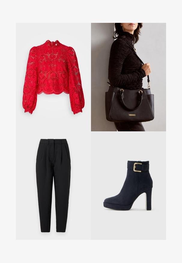 Red lace crop top with long puff sleeves, intricate hexagonal pattern, scalloped hem, and high neckline featuring a back zipper closure.; Black trousers with a straight fit, featuring pleats at the front, a smooth texture, and side pockets. The waistband is standard height.; Black suede high-heeled ankle boot with a gold buckle strap and chunky heel on a plain white background.; Black handbag with textured surface, dual top handles, and adjustable shoulder strap. Features gold-tone hardware and side pockets.