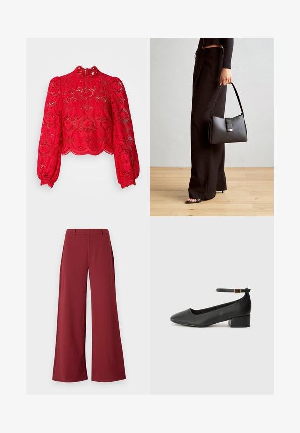 Rotes Spitzen-Crop-Top mit langen Puffärmeln, kompliziertem hexagonalem Muster, gewelltem Saum und hohem Kragen, der mit einem Reißverschluss hinten geschlossen wird.; Weite Hosen in einem tiefen Burgunderfarbton. Hergestellt aus einem glatten, dehnbaren Stoff mit taillierten Nähten und einem Reißverschluss auf der Vorderseite.; Schwarze Lederpumps mit spitzem Zehenbereich und niedrigem Blockabsatz. Mit einem Knöchelriemen und einer goldfarbenen Schnalle. Glatte Textur.; Schwarze Handtasche mit strukturierter Form, glatter Textur und einem metallischen Verschluss. Kombiniert mit weiten schwarzen Hosen und offenen Sandalen auf einem Holzboden.