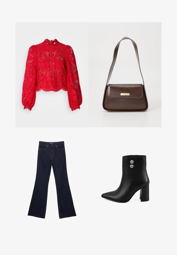 Rotes Spitzen-Crop-Top mit langen Puffärmeln, kompliziertem hexagonalem Muster, gewelltem Saum und hohem Kragen, der mit einem Reißverschluss hinten geschlossen wird.; Dunkelblaue Jeans mit ausgestelltem Bein, ausgestattet mit einem klassischen Fünf-Taschen-Design und sichtbaren Nähten. Der Stoff hat eine glatte Textur mit minimalen Verblassungen.; Schwarze Leder-Ankle-Boots mit spitzem Zehen, Blockabsatz, seitlichem Reißverschluss und zwei dekorativen silbernen Knöpfen an der Außenseite.; Braune Lederschultertasche mit strukturierter Form, ausgestattet mit einem magnetischen Klappenverschluss und einem metallischen Logoakzent auf der Vorderseite.