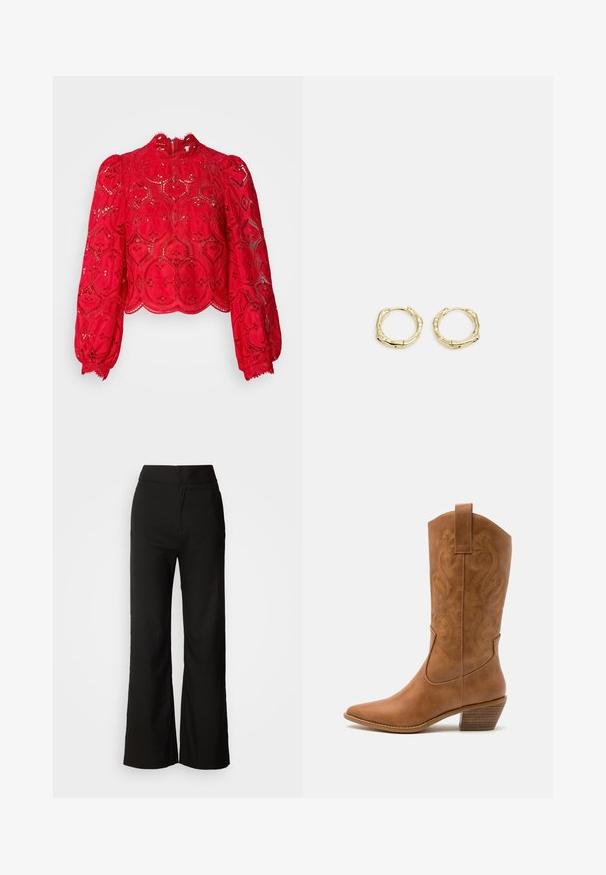 Top cropped de renda vermelho com mangas bufantes longas, padrão hexagonal intricado, barra com recorte em onda e gola alta com fecho de zíper nas costas.; Calças largas pretas com uma textura suave, cintura alta e um design clean. Sem bolsos visíveis ou adornos.; Bota de cowboy em couro cáqui com bico pontiagudo, padrões de bordado em espiral no cano e um salto em bloco empilhado. Inclui uma alça para fácil calçar.; Brincos de argola dourados com um formato irregular e texturizado. Apresentam um fecho sem emenda e um acabamento polido, destacando um design moderno.
