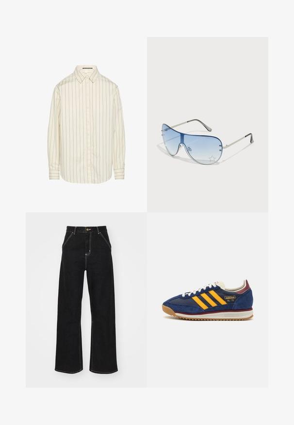 Cream long-sleeve shirt with vertical navy stripes, button-down collar, and straight hem. Made of lightweight fabric with a smooth texture.; Black wide-leg jeans made of denim, featuring contrasting white stitching and a front button closure, with two angled front pockets.; Navy suede sneaker with yellow stripes, white laces, and burgundy accents. Textured sole with grooves for traction. Brand logo on side.; Aviator sunglasses featuring a gradient blue lens, silver metal frame, and decorative star accents on the lens. Smooth and sleek design.