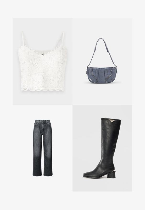 White lace bralette with delicate floral patterns, scalloped edges, and adjustable straps. Soft texture with intricate detailing throughout.; Wide-leg jeans in dark gray denim, featuring a high waist, classic five-pocket design, and finished with raw hems.; Black knee-high boot made of smooth leather, featuring a square toe and a medium block heel with a metallic accent on the heel.; Denim shoulder bag with a pleated design, blue color, silver stud accents along the edges, and a textured strap.