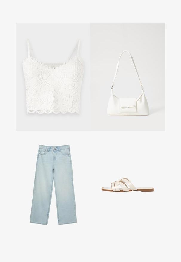 Hvid blonde-bh med delikate blomsterne mønstre, bølgede kanter og justerbare stropper. Blød tekstur med indviklede detaljer overalt.; Lysblå vide jeans i denim med høj talje, fem lommer og subtilt slid. Lige skæring med opklippede kanter.; Flade sandaler med en lys gummisål, designet med tre overlappende hvide læderremme og en lille sløjfe detalje i midten.; Hvid syntetisk håndtaske med en trekantet form, flad forsideklap og sløjfedetalje, justerbar strop, glat tekstur og minimalistisk design.