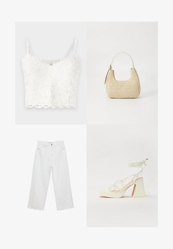 Bralette bianco in pizzo con delicati motivi floreali, bordi frastagliati e spalline regolabili. Tessuto morbido con dettagli intricati in tutta la superficie.; Jeans bianchi a gamba larga realizzati in denim con vita alta, dotati di cinque tasche e dettagli in metallo. Texture liscia, senza motivi visibili.; Sandalo bianco con tacco alto, caratterizzato da un design a cinturini e un legaccio alla caviglia. Texture liscia con una piattaforma frontale per un'altezza aggiuntiva.; Borsa a tracolla intrecciata in paglia di colore beige, con una forma curva, manico corto e zip laterale. Presenta una superficie texturizzata e un design minimalista.