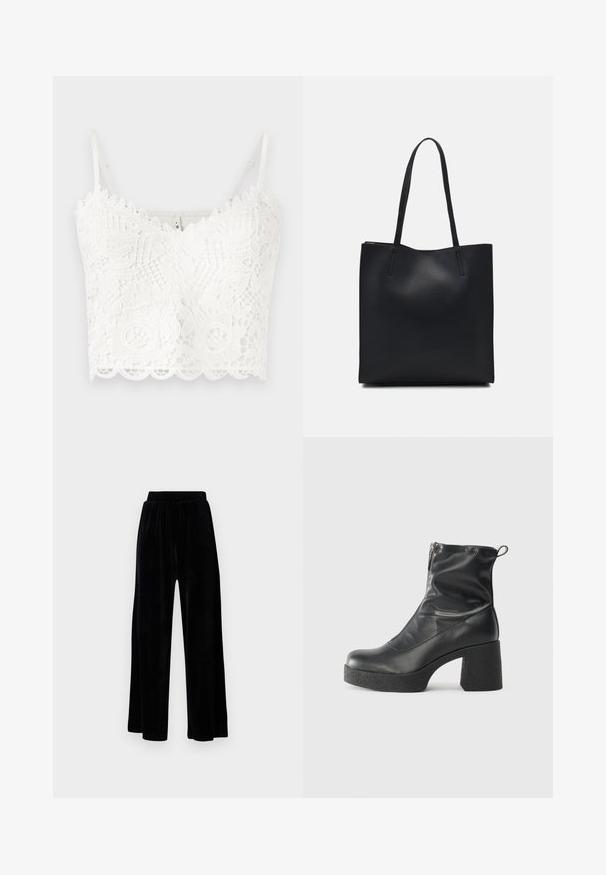 Hvit blonde bralette med delikate blomster mønstre, bølgede kanter og justerbare stropper. Myk tekstur med intrikate detaljer gjennomgående.; Sorte vide bukser laget av myk vernet, med elastisk midjebånd og en jevn tekstur, uten synlige detaljer eller mønstre.; Svarte ankelstøvler laget av glatt lær, med glidelås på siden, chunky strukturert hæl, og rund tå-design.; Svart lær tote bag med glatt tekstur, rektangulær form og to lange håndtak. Ingen synlige deler eller dekorasjoner.