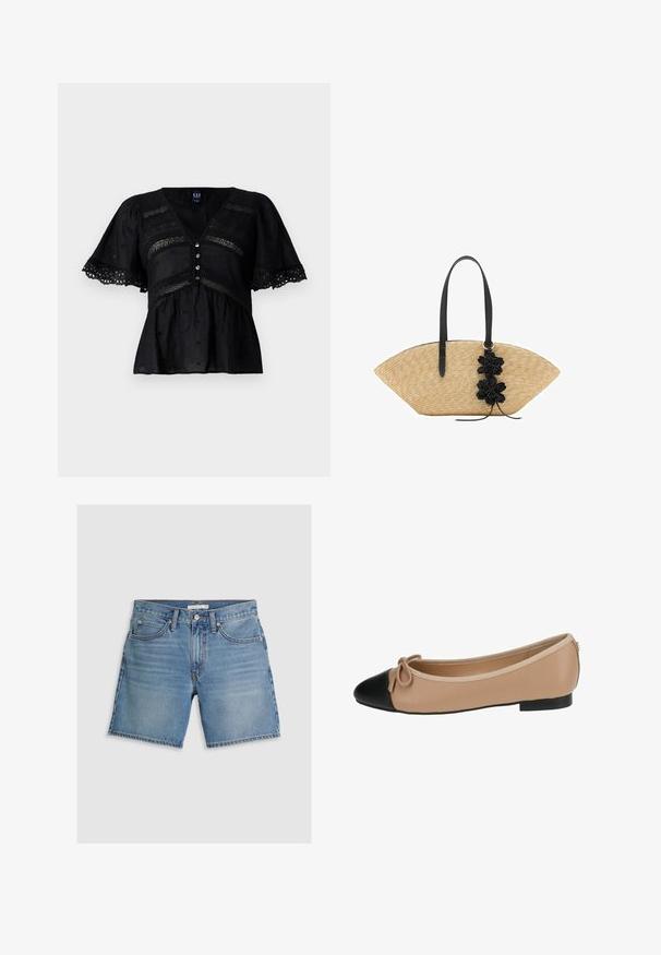Svart blus med korta, utställda ärmar, med en V-hals, dekorativ öljettkant och fem knapplist. Texturerat tyg med subtila mönster.; Jeansshorts i ljusblått, med rak skärning, fem fickor och knappstängning. Tillverkade av bomull med en mjuk textur.; Ballettskor i beige läder med svart tådel. Har en framknutdetalj och en slät yta. Lågprofildesign med en gummisula.; Stråväska med en bred, fläktformad design, svarta läderhandtag och svarta blommönster på ena sidan.