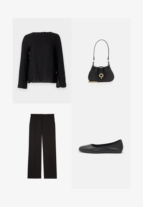 Juodas ilgomis rankovėmis marškinėliai su tekstūruotu raštu, kuriame pakartoti rašmenys, apvaliu iškirpimu ir skylute nugaros pusėje.; Juodos pritaikytos kelnės, pagamintos iš lygaus audinio, su tiesiomis kojomis ir dviem šoniniais kišenėmis. Elegantiška ir minimalistinė konstrukcija.; Juodai odiniai baletai su apvaliu pirštu, lygi texture, minimalus siuvimo detales ir lanksčiu padų dizainu.; sandro JANET - Rankinė - noir
