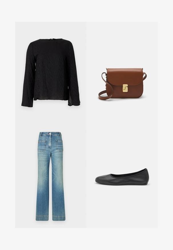 Schwarzes Langarmshirt mit strukturiertem Design und wiederholten Buchstaben, Rundhalsausschnitt und Schlitzöffnung am Rücken.; Helle blaue, ausgestellt geschnittene Jeans aus Denim mit fünf Taschen, Gürtelschlaufen, Knopfverschluss und einer leicht verblassten Textur, die ein rotes Logodetail auf der Rückseite aufweist.; Schwarze Leder-Ballettschuhe mit abgerundeter Spitze, glatter Textur, minimalen Nähdetails und einem flexiblen Sohlen-Design.; Braune Ledertasche mit Klappenverschluss, Beschlägen in Goldfarbe, einem Schultergurt und einer glatten Oberfläche. Kompakte rechteckige Form.