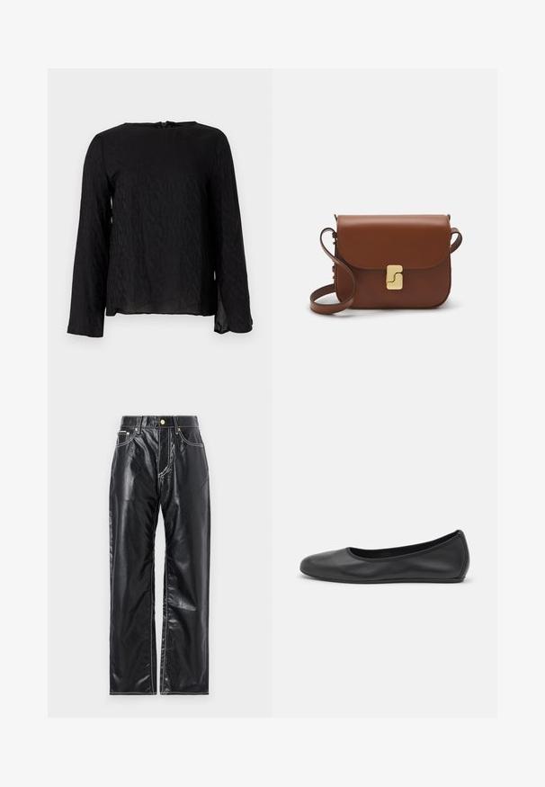 Juodas ilgomis rankovėmis marškinėliai su tekstūruotu raštu, kuriame pakartoti rašmenys, apvaliu iškirpimu ir skylute nugaros pusėje.; Juodos dirbtinės odos kelnės su plačiais klešniais, su baltu siuvinėjimu, priekinėmis kišenėmis ir auksine sagtimi ant liemens.; Juodai odiniai baletai su apvaliu pirštu, lygi texture, minimalus siuvimo detales ir lanksčiu padų dizainu.; Ruda odinė rankinė su uždaromu dangteliu, aukso spalvos detalėmis, petneša ir lygiu paviršiumi. Kompaktiška stačiakampio formos.