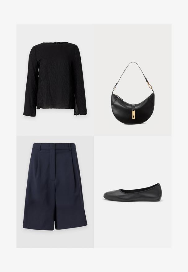 Black long-sleeve shirt featuring a textured design with repeated letters, round neckline, and a keyhole opening at the back.; Navy blue tailored shorts made from a smooth fabric with a high waist, pleats at the front, and side pockets. Clean, structured silhouette.; Black leather ballet flat with a rounded toe, smooth texture, minimal stitching detail, and a flexible sole design.; Black leather handbag in a half-moon shape. Features a gold hardware accent and a narrow strap. Smooth texture, zipper closure at the top.