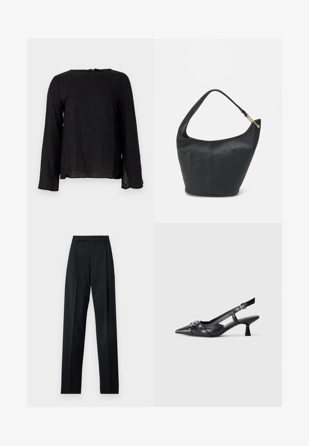 Black long-sleeve shirt featuring a textured design with repeated letters, round neckline, and a keyhole opening at the back.; Black trousers made from smooth fabric featuring a high waist, wide legs, front pleats, and classic belt loops. No side pockets visible.; Black leather slingback shoe with a pointed toe, decorative straps featuring metal eyelets, and a low block heel. Textured surface.; Black leather handbag with a rounded shape, a wide strap, and a textured finish. Features a subtle seam detail and a gold-tone hardware accent.