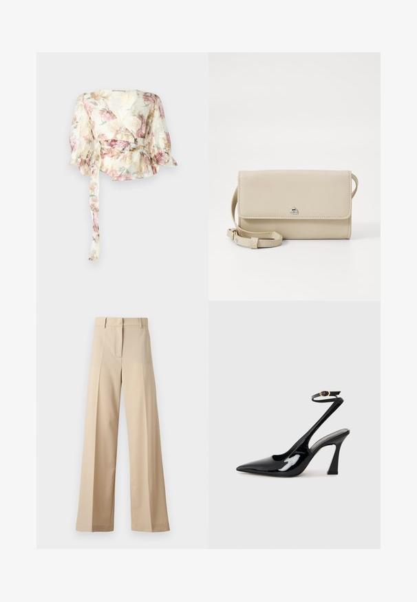 Floral wrap blouse in sheer, lightweight fabric. Features pastel rose patterns, long puff sleeves, and a tie belt at the waist.; Beige wide-leg trousers made of smooth fabric, featuring a flat front with pleats, a zip fly, and belt loops. Tailored fit overall.; Black patent leather slingback high heels with a pointed toe, adjustable ankle strap, and a moderate block heel. Smooth texture with glossy finish.; Beige leather shoulder bag with a flap closure, silver hardware, and a detachable strap. Smooth texture and simple rectangular shape.