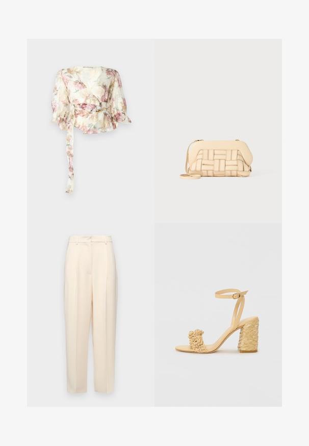 Blouse à manches longues en tissu transparent et léger avec un motif floral pastel. Présente des manches bouffantes et une ceinture à nouer à la taille.; Pantalons beiges ajustés à coupe droite, avec des plis à l'avant, une texture lisse et une taille mi-haute. Pas de poches visibles.; Sandale à talons hauts beige avec une texture tressée, ornée d'une fleur décorative et d'une bride à la cheville. Le talon carré ajoute de la stabilité.; Sac à main tissé beige avec un design structuré, présentant un dessus lisse et une longue bandoulière. Des détails texturés rehaussent l'apparence générale.