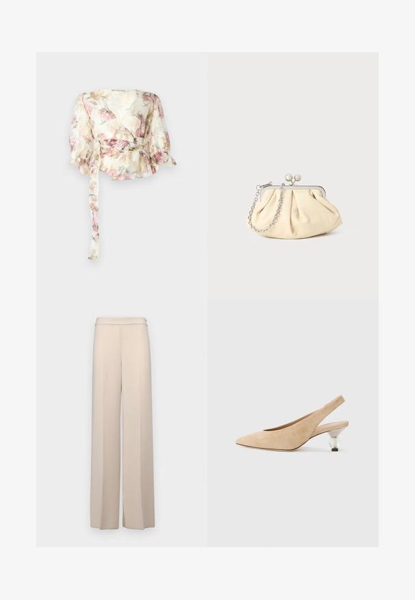 Blouse à manches longues en tissu transparent et léger avec un motif floral pastel. Présente des manches bouffantes et une ceinture à nouer à la taille.; Pantalons larges beiges en tissu lisse, dotés d'une taille haute et de plis avant discrets. Pas de poches ni de détails en matériel visibles.; Chaussure slingback en suède beige avec un nez pointu et un talon transparent et arrondi. Texture lisse et design minimaliste.; Pochette en cuir beige plissé avec un cadre en métal argenté, dotée de deux fermoirs ronds décoratifs et d'une chaîne en argent.