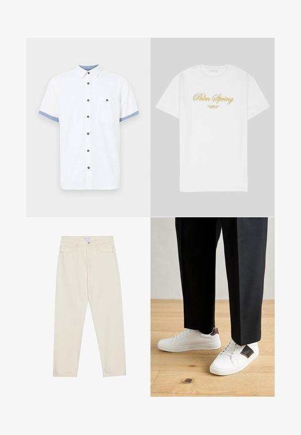 Lyhyet hihattomat valkoinen paita, puuvillakangasta, napitettava malli, siniset yksityiskohdat hihoissa, yksi rintatasku, viisi tummanväristä nappia.; Valkoinen puuvillapaita, jossa on kultainen teksti "Palm Spring" ja sen alla "California Love Eighty Five". Rentomalli, pyöreä kaula-aukko.; Beige farkkuhousut suoralla lahkeella, joissa on viisi taskua, napitus ja hienovaraiset ompeleet. Sujuva rakenne.; Valkoiset tennarit, joissa on sileä pinta, ruskealla nahka-akentilla ja mustilla yksityiskohdilla, yhdistetty mustiin räätälöityihin housuihin. Taustalla puulattia.