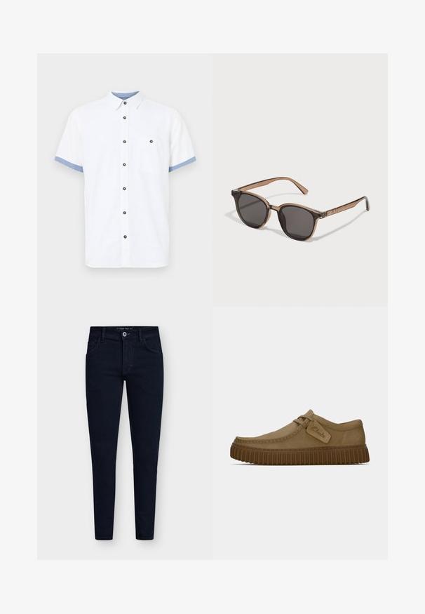 Biała koszula z krótkim rękawem, bawełniany materiał, zapinana na guziki, niebieskie akcenty na rękawach, jedna kieszeń na piersi, pięć ciemnych guzików.; Zestaw pięciu t-shirtów z krótkim rękawem w kolorach białym, beżowym, jasnoszarym, ciemnoszarym i czarnym. Wykonane z gładkiej bawełny, z klasycznym dekoltem.; Ciemnoniebieskie dżinsy slim fit z pięcioma kieszeniami, zapięciem na guzik i mocnym materiałem dżinsowym. Posiadają klasyczny fason i minimalne przeszycia.; Jasnobrązowe zamszowe buty z okrągłym noskiem, z przeszyciami i brązową gumową podeszwą o żebrowanej fakturze. Posiadają boczną metkę z logo "Clarks".; Brązowe plastikowe okulary przeciwsłoneczne z ciemnymi soczewkami, w zaokrąglonym kształcie, z zwężającymi się ramionami. Zauważalna ozdoba na skroniach.