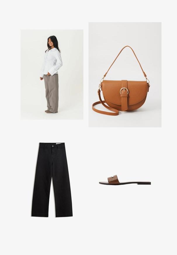 Witte overhemd met lange mouwen en brede manchet, gecombineerd met losse, lichtbruine broek. Glad textiel met geen zichtbare patronen.; Zwarte denim broek met wijde pijpen en een hoge taille, voorzien van voor- en achterzakken, gestikte naden en een knoopsluiting. Gladde textuur.; Bruine leren slip-on sandalen met een platte zool, voorzien van een brede band en witte geometrische accenten voor een minimalistisch ontwerp.; Bruine leren schoudertas met een gebogen vorm, gouden hardware en een gespaccent. Bevat een afneembare schouderriem.