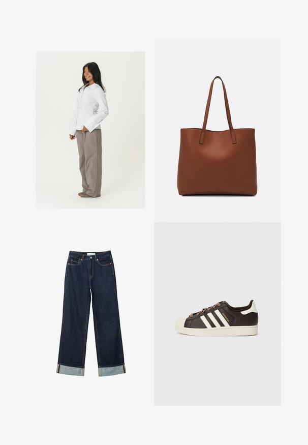 Biela košeľa s dlhými rukávmi a širokými manžetami v kombinácii s voľnými svetlohnedými nohavicami. Hladká textúra látky, bez viditeľných vzorov.; Tmavo modré široké nohavice s vysokým pásom, s manžetami, kontrastným šitím a dizajnom s piatimi vreckami. Vyrobené z denimu.; Nízke tenisky Adidas Superstar z tmavohnedej kože s béžovou špičkou, bielymi pruhmi a nápisom „Superstar“ na boku.; Hnedá kožená taška na rameno s hladkou textúrou, otvoreným vrchom a dvoma ramenými popruhmi. Má minimálne šitia a žiadne viditeľné kovania.