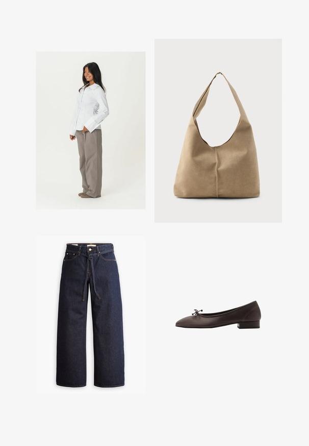 Camicia bianca con bottoni, maniche lunghe e polsini larghi abbinata a pantaloni larghi di colore marrone chiaro. Tessuto liscio, senza motivi visibili.; Jeans in denim scuro a gamba larga con vita alta, dotati di un laccio, cinque tasche e dettagli di cucitura a contrasto.; Ballerina in pelle marrone con punta arrotondata e tacco a blocco piccolo. Presenta un sottile fiocco sul davanti e dettagli di cucitura discreti.; Borsa hobo in morbido suede beige con una forma scomposta, ampia tracolla e un dettaglio di cucitura a mano lungo la parte anteriore.