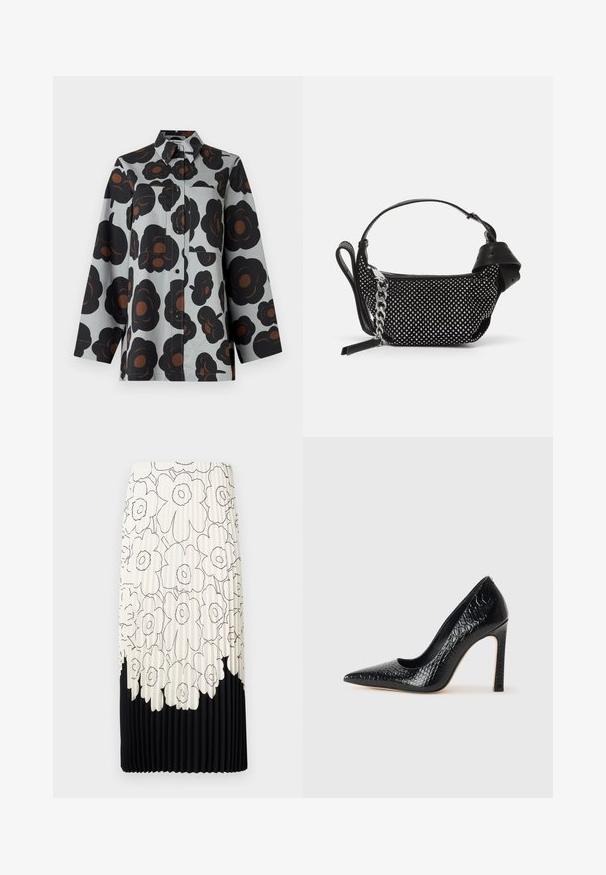 Long-sleeve button-up shirt with gray background and large black and brown floral pattern, featuring two front patch pockets and a collar.; Pleated skirt with a floral black and white pattern, featuring a light top half with flowers and a solid black bottom hem.; Black pointed-toe high heel shoe with a crocodile-skin texture, featuring a sleek design, high stiletto heel, and smooth black interior.; Black handbag featuring studded embellishments, a chain strap, and a smooth leather handle, with a rounded shape and zipped compartment.