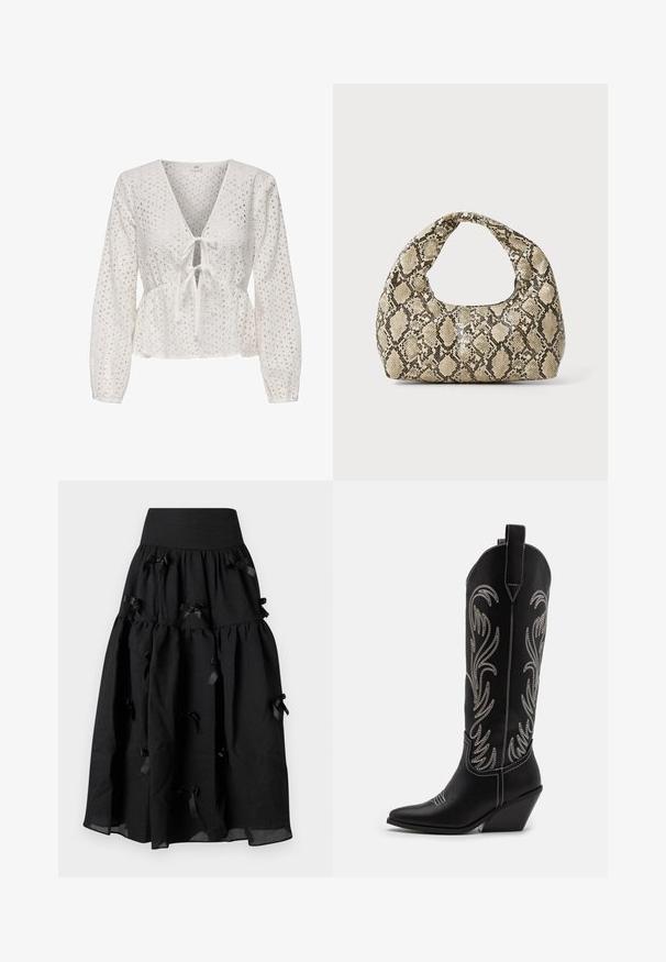 Bela peplum bluza z dolgimi rokavi, z V-izrezom, zavezanjem spredaj in očesno tkanino z izrezi. Teksturiran, lahek material.; Sister Jane BIRDIE BOW MIDI SKIRT - Krilo A-kroja - black; Črne usnjene kavbojske čevlje s koničastimi prsti, klinastimi petami in srebrnimi vezeninami cvetnega vzorca po vsej dolžini. Kontrastno šivanje povsod.; Torba z vzorom kače s ukrivljenim ročajem. Narejena iz teksturiranih, bež in rjavih materialov, ki imajo značilen diamante vzorec.