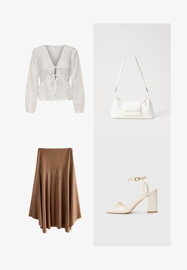 Bijela peplum bluzica s dugim rukavima, koja ima V-izrez, vezanje sprijeda te tkaninu s izrezbarenom očicom. Tekstura laganog materijala.; Smeđa midi suknja s lepršavim krojem izrađena od mekog materijala, s glatkom završnom obradom, visokim strukom i slojevitom konstrukcijom s zakrivljenim rubom.; Sandale s petom u krem boji, otvorenih prstiju, s debelim blok petom, tankim remenom oko gležnja i suptilnim sjajem. Kopča kao naglasak na remenu.; Bijela sintetička torbica s trokutastim oblikom, ravnim prednjim poklopcem i detaljem u obliku mašne, podesivom remenom, glatkom teksturom i minimalističkim dizajnom.