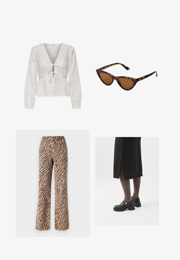 Weißes Peplum-Top mit langen Ärmeln, V-Ausschnitt, Kordelzug vorne und durchbrochener Optik mit Ausschnitten. Strukturierter, leichter Stoff.; Weite Hosen mit einem Tigermuster in Braun- und Schwarztönen, mit normaler Taille und fünf Taschen.; Schwarze Lederschuhe mit abgerundetem Zeh, dicker Blockabsatz und elastischen seitlichen Akzenten, kombiniert mit dunklen Strumpfhosen und einem schwarzen Rock mit Schlitz.; Katzenaugen-Sonnenbrille mit einem schwarz-orangenen Schildpattrahmen, braunen Gläsern und schlanken, spitzen Enden. Verfügt über ein minimalistisches Logo am Bügel.; Goldene Creolen mit einer glatten, glänzenden Oberfläche. Zirkuläres Design mit einem kleinen Stecker und einer klaren Rückseite für einen sicheren Sitz.