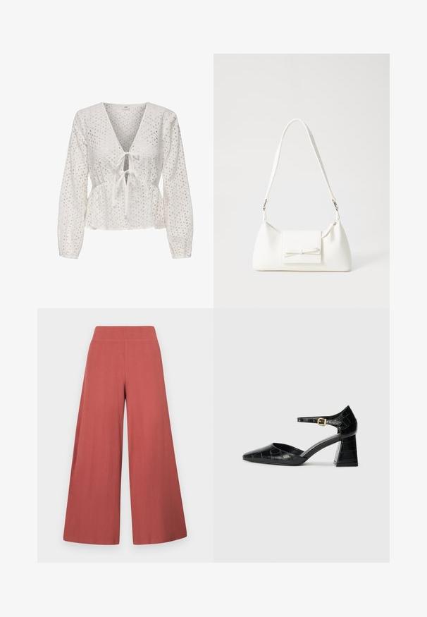 White peplum top with long sleeves, featuring a V-neck, tie front, and eyelet fabric with cut-out patterns. Textured, lightweight material.; Wide-leg trousers in a rust color, made from textured fabric with vertical ribbing. Features a high, elastic waistband.; Black patent leather high-heeled shoe with pointed toe, ankle strap, and textured crocodile pattern. Square block heel design.; White synthetic handbag with a triangular shape, flat front flap and bow detail, adjustable strap, smooth texture, and minimalistic design.