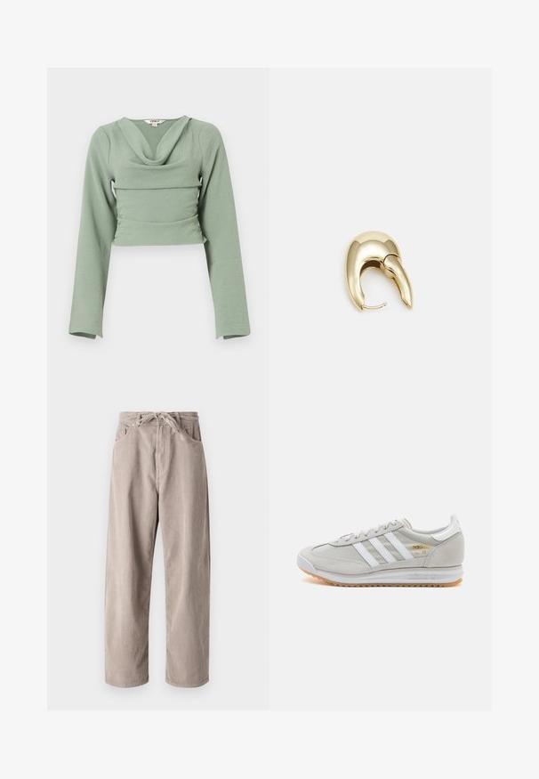 Top a maniche lunghe cropped in morbido e testurizzato tessuto verde menta. Presenta un collo drappeggiato e un design aderente, con un dettaglio di cucitura orizzontale.; Pantaloni in velluto a coste beige con vestibilità ampia, dotati di vita con cordoncino, due tasche frontali e lavorazione a coste verticali.; Sneaker grigio chiaro realizzato in suede e rete, con tre strisce bianche, punta arrotondata e suola in gomma color caramello. Accento del logo dorato vicino ai lacci.; Orecchino in metallo color oro con un design elegante e curvo. Presenta una forma appuntita distintiva, superficie lucida e chiusura a cerniera.