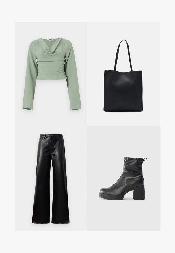 Kuttet langermet topp i myk, teksturert mintgrønn stoff. Har drapert cowl-halslinje og figurtilpasset design, med en horisontal sømdetalj.; Sorte høy midje vide ben bukser i imitert skinn med knapp foran, glidelås, beltehemper og sidelommer på hvit bakgrunn.; Svarte ankelstøvler laget av glatt lær, med glidelås på siden, chunky strukturert hæl, og rund tå-design.; Svart lær tote bag med glatt tekstur, rektangulær form og to lange håndtak. Ingen synlige deler eller dekorasjoner.
