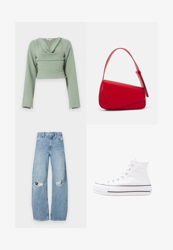 Gekürztes Langarmoberteil aus weichem, strukturiertem mintgrünem Material. Verfügt über einen drapierten Wasserfallausschnitt und eine taillierte Passform, mit einem horizontalen Nahtdetail.; Helles, hochtailliertes Jeans aus Denim. Hat weit geschnittene Beine, zwei aufgerissene Kniebereiche und klassischen Fünf-Taschen-Stil.; Weiße hochwertige Leinensneaker mit schwarzer Gummisohle, vorderem Gummizehenschutz und sechs Ösen für Schnürsenkel, die ein sauberes, minimalistisches Design aufweisen.; Rote Lederhandtasche mit einem kantigen, geometrischen Design. Verfügt über einen verstellbaren Schulterriemen und einen Klappenverschluss mit genähten Details.