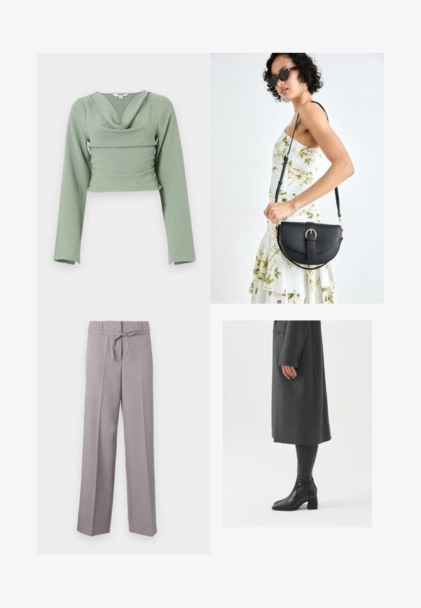 Rövidített, hosszú ujjú felső puha, textúrált menta zöld anyagból. Zsinóros nyakkivágása és csípősen illeszkedő szabása van, vízszintes varrási részlettel.; Világosszürke, bőszárú nadrágok puha textúrával, állítható derékrésszel és gyűrt redőkkel a strukturált szabás érdekében.; Szürke, szabott overál, egyenes vonallal; térd fölé érő fekete bőrcsizmákkal párosítva, négyzetes orral és vastag sarokkal.; Fekete bőrtáska ívelt formával, levehető pánttal és arany színű fémrészekkel. A táskán egy csattal díszített fedél található.